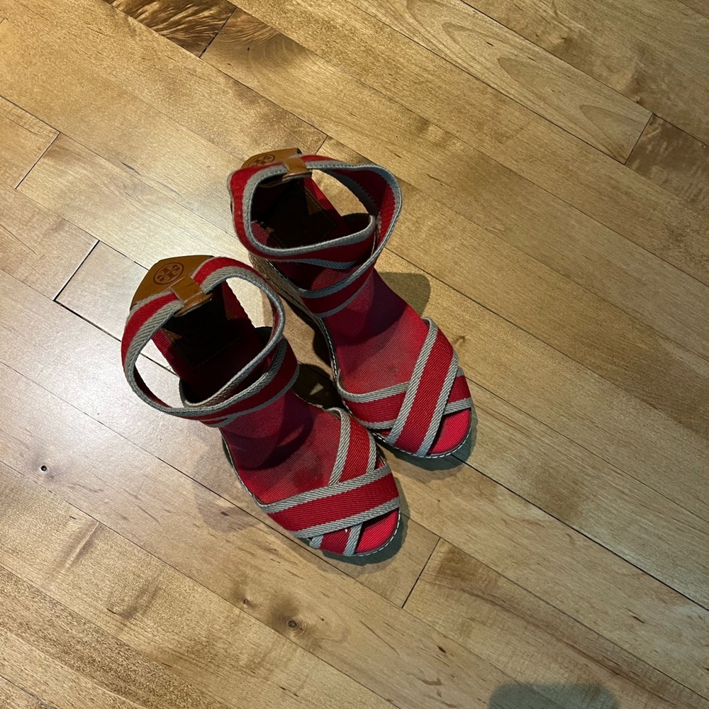 Tory Burch Adonis Womens Size 7 Red Stripe Canvas Espadrille Wedge
